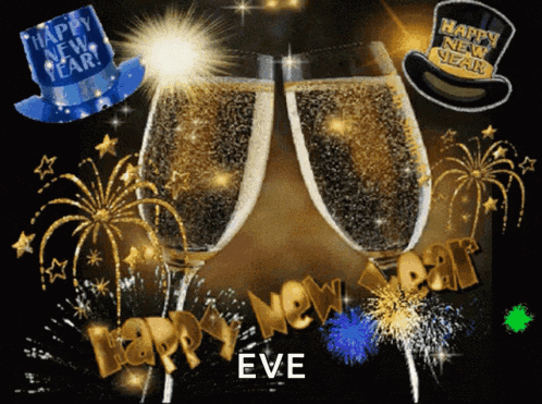 a happy new year eve greeting card with champagne glasses and fireworks