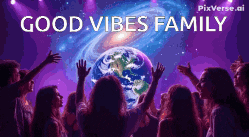 a group of people raising their hands in the air with the words good vibes family written above them