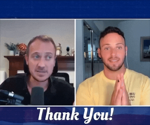 two men are on a video call with the words thank you in the corner