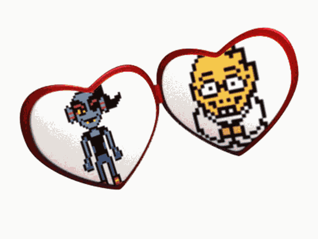 two hearts with a pixel art of a man and a woman on them