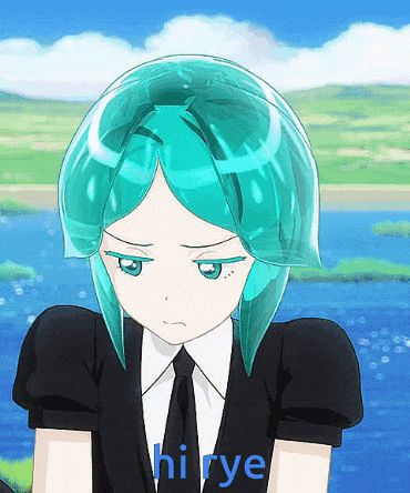 a picture of a girl with turquoise hair and the words hi rye on the bottom