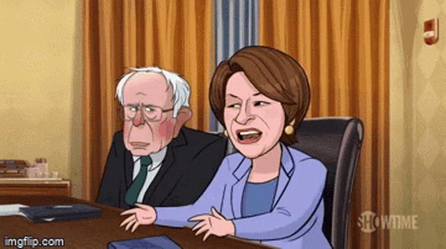 a cartoon of a man and a woman sitting at a table with showtime written in the corner