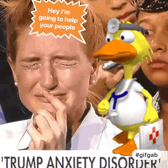 a woman is crying with a duck in a doctor 's outfit next to her