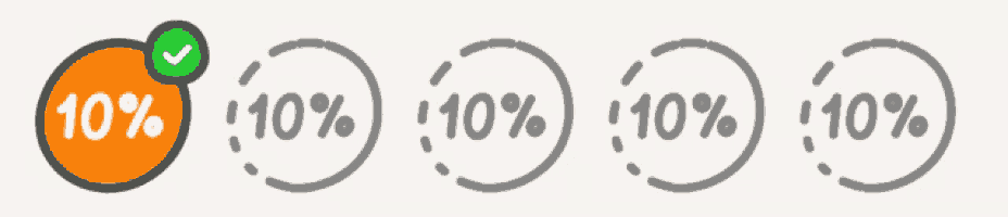 a row of circles with 10 % written inside of them