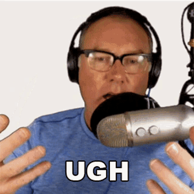 a man wearing glasses and headphones is talking into a microphone with the word ugh written on his face