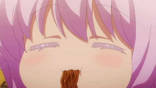 a girl with purple hair is eating noodles
