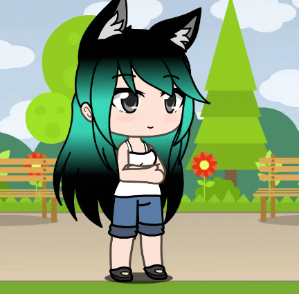 a cartoon girl with green hair and black ears stands in a park