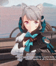 a girl with cat ears and a bow tie is talking to someone in a video game