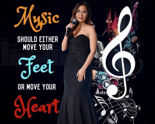 a woman singing into a microphone with the words mystic should either move your feet or move your heart below her