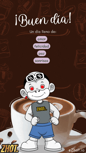 a cartoon of a boy standing next to a cup of coffee with the words bueno dia written above him