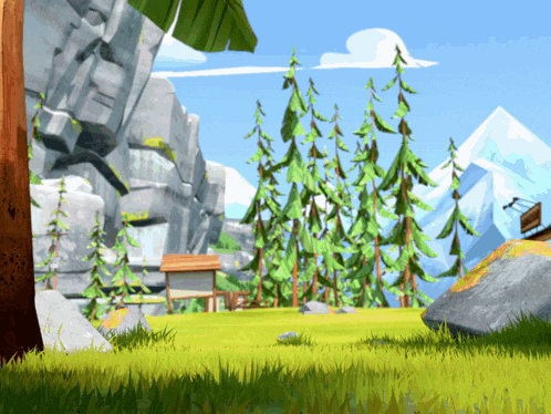 a cartoon landscape with mountains in the background