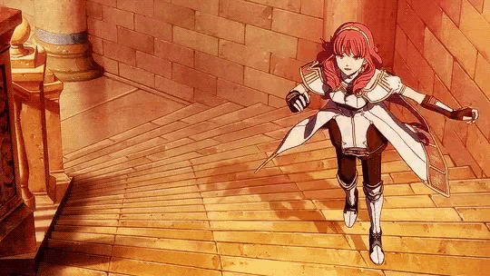 a girl with red hair is running down a set of stairs in a castle .