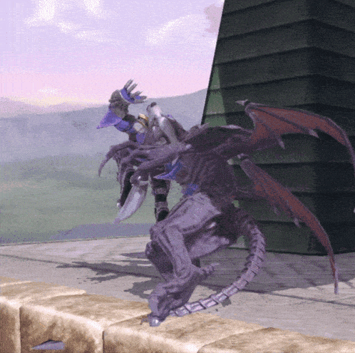 a purple monster with wings is standing on a ledge