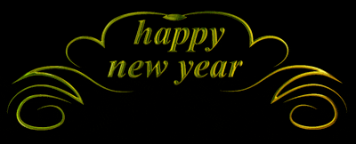 a black background with a yellow swirl that says happy new year