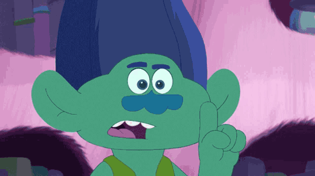 a troll with blue hair and a blue mustache holds up his index finger