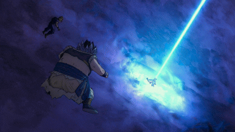 a cartoon character is flying through the air with a blue light coming from the sky
