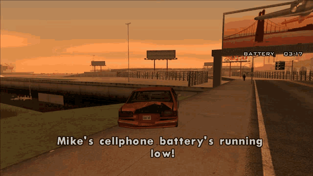 a screenshot of a video game that says mike 's cellphone battery is running low