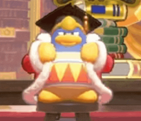 a cartoon character is sitting in a chair wearing a graduation cap and gown .