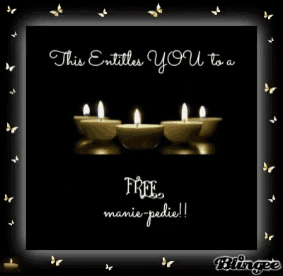 a greeting card with candles and the words " this entitles you to a free marie-pedie "