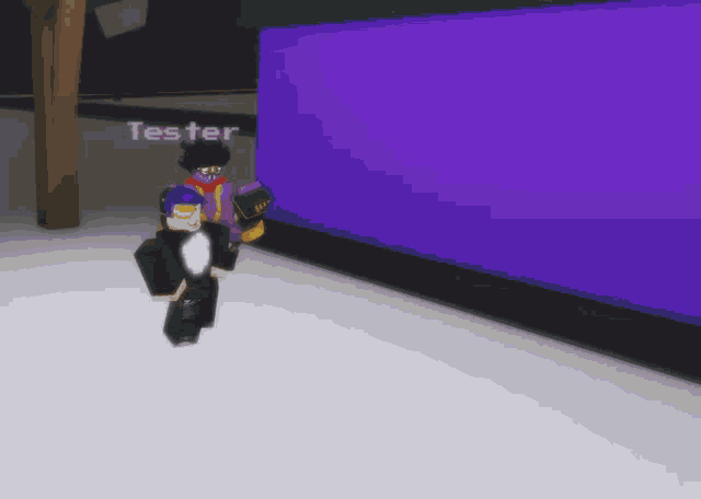 a person in a video game is standing next to a purple wall with the name tester written on it