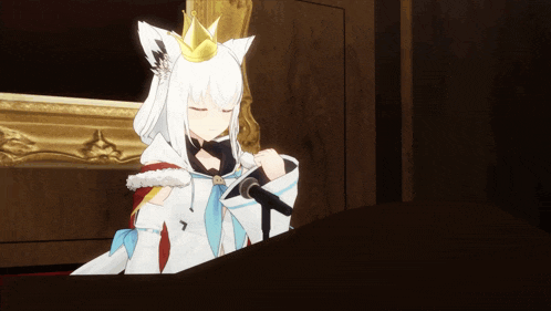 a white anime character with a crown on her head is standing in front of a microphone
