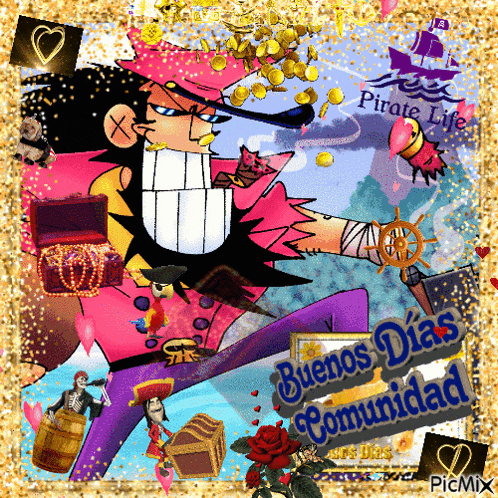 a picture of a pirate with the words buenos dias comunidad