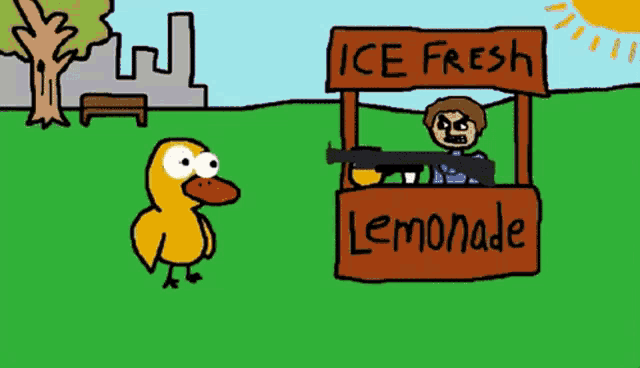 a cartoon of a duck standing in front of a lemonade stand that sells ice fresh lemonade