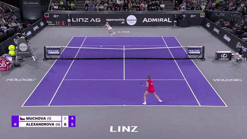 a tennis match between muchova and alexandrova is being played in linz