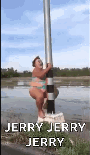 a woman in a bikini is hanging from a pole .