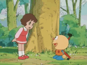 a cartoon character is holding a sword in his right hand .