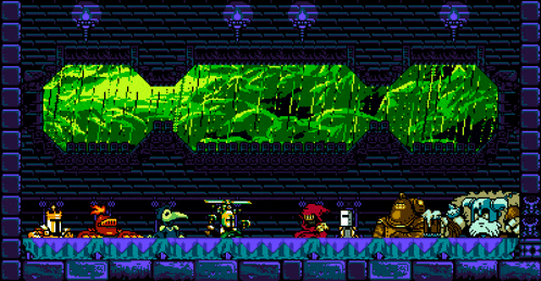 a video game scene with a green monster and a purple wall