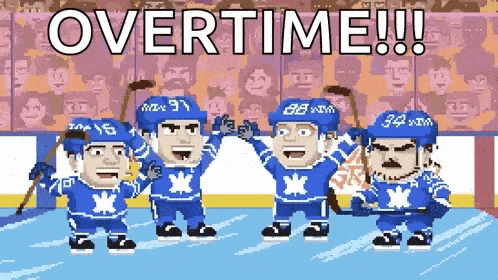a group of hockey players are standing on the ice with the words overtime written in the background