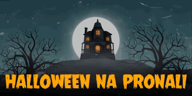 a halloween poster with a haunted house in the background