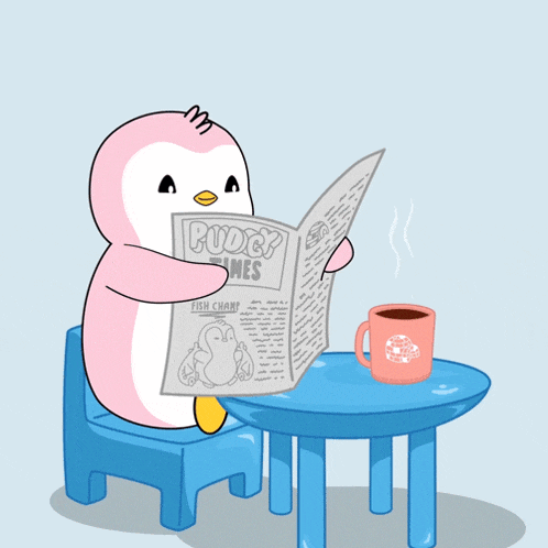 a pink penguin sits at a table reading a newspaper titled penguin ones