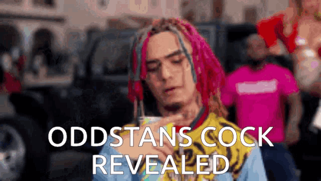 a man with pink hair and dreadlocks is holding a can of soda and says oddstons cock revealed