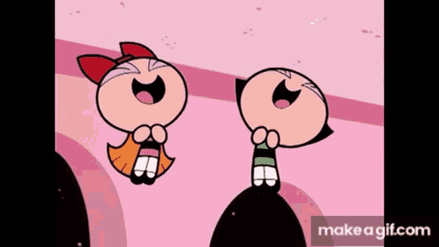 two cartoon characters from the powerpuff girls are laughing with their mouths open