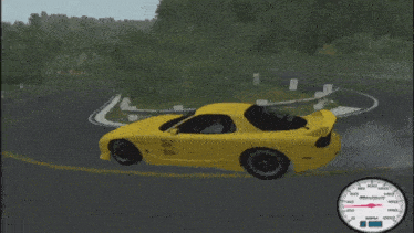 a yellow car is driving down a road with a speedometer displaying a speed of 140 mph