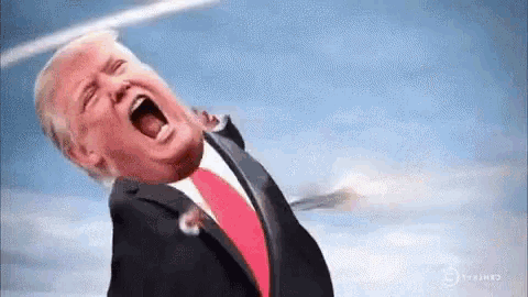 donald trump is flying through the air in a helicopter while screaming .