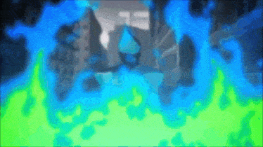 a computer generated image of a blue and green flame