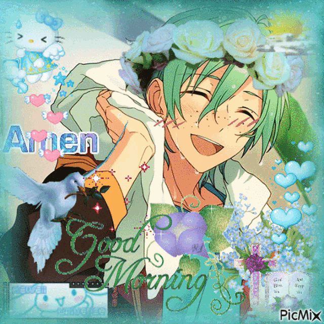 a picture of a boy with a flower crown on his head and the words amen and good morning