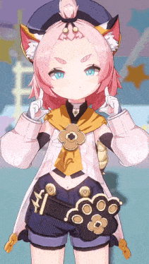 a girl with pink hair and cat ears is making a peace sign