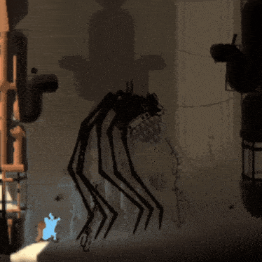 a drawing of a monster in a dark room with lots of pipes