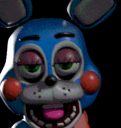 a close up of a blue bunny with green eyes and red ears