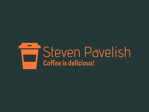 a logo for steven pavelish with a cup of coffee