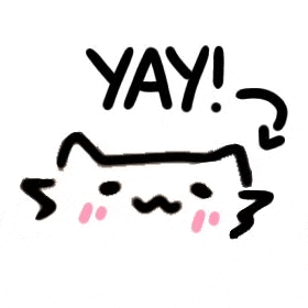 a black and white drawing of a cat with the words yay written on it .
