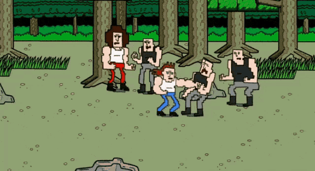 a cartoon of a group of men standing in a forest with trees in the background