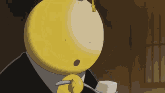 a yellow cartoon character is holding a spoon in his mouth and eating a donut .