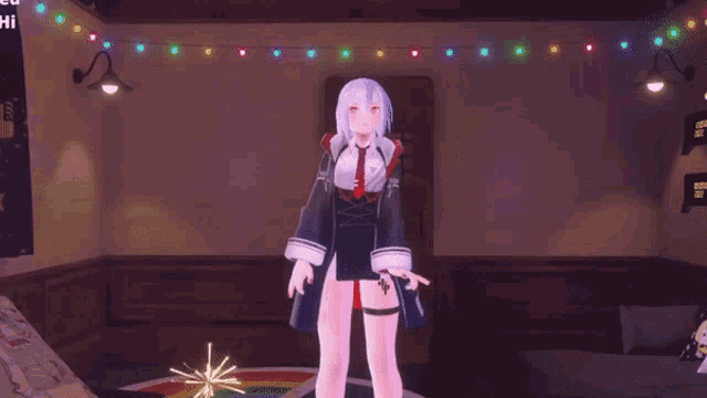 a girl in a video game is dancing in a room with a sign that says hi on it