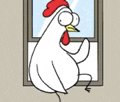 a cartoon of a chicken looking out of a window .