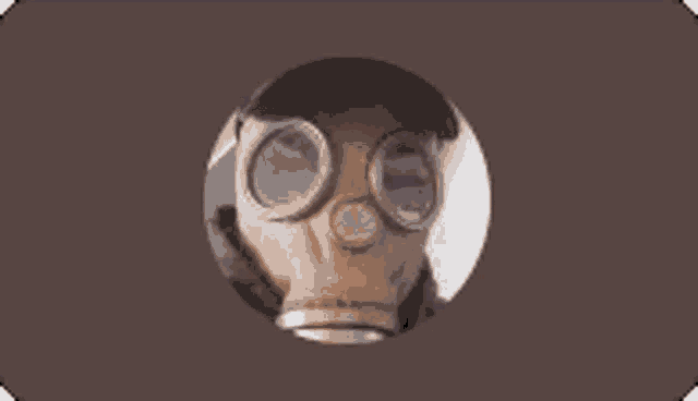 a person wearing a gas mask and goggles is looking out of a hole .